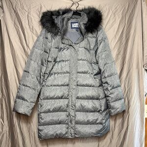 Lands' End Charcoal Puffer Jacket with Faux Fur Trim Women’s Size XL